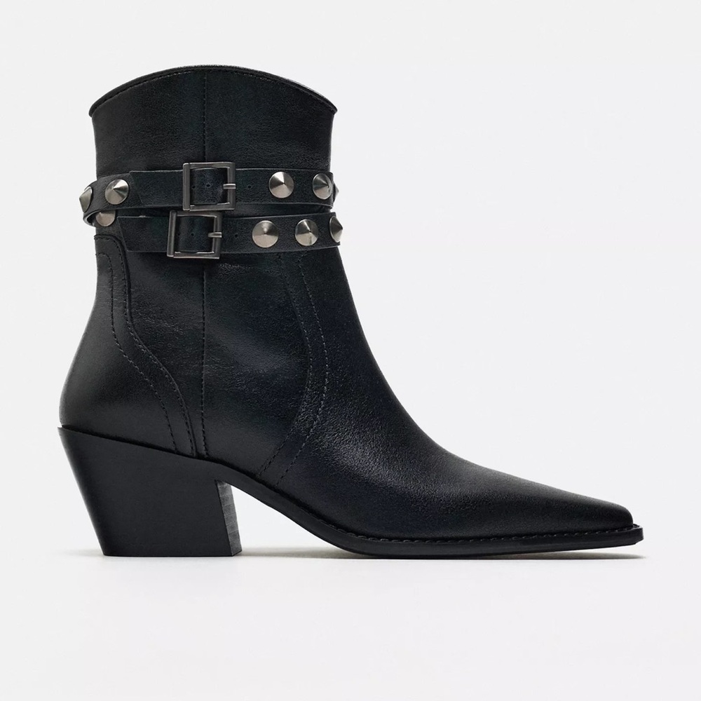 NWT Zara leather strap cowboy ankle boots